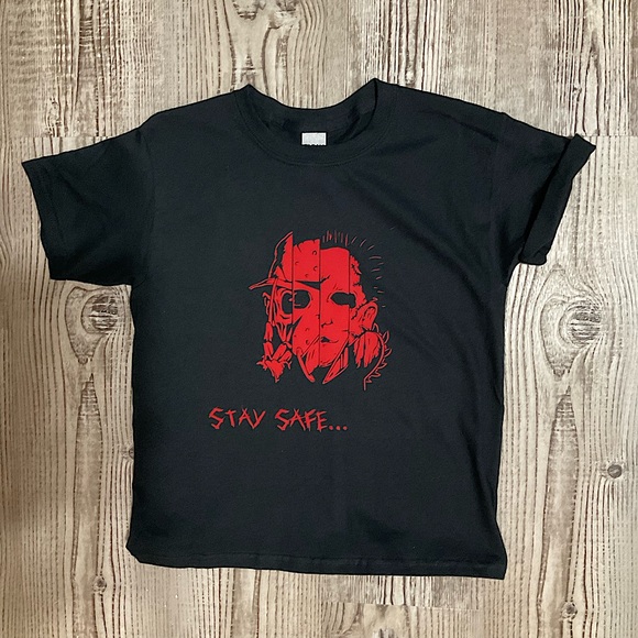 Stay Safe… Mask Up! Jason🔪Freddy🏒LeatherFace🪚 Horror Squad Youth Tee Small - Picture 1 of 4